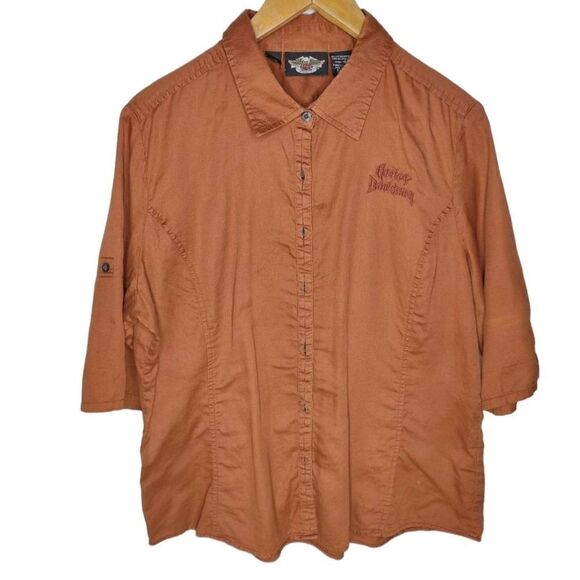 Harley Davidson Embroidered Rust Orange Button Down Top - Picture 1 of 15